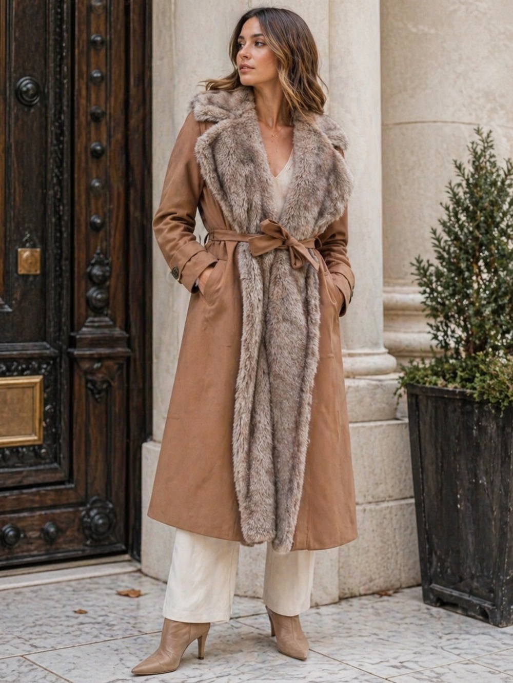 Vintage Brown Faux Fur Collar Coat Union Made Mid Century